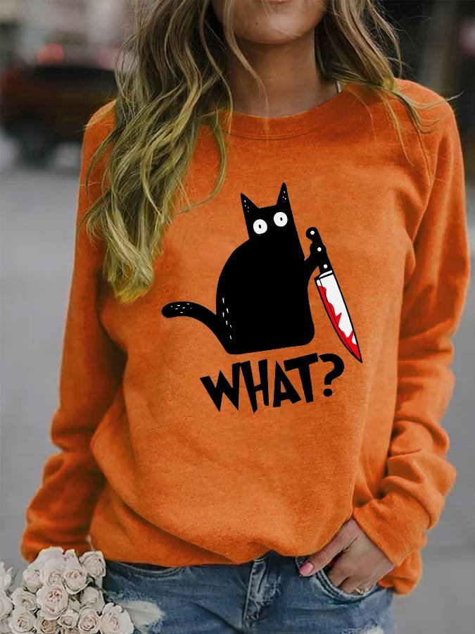 What? Printed Black Cat Long Sleeve Sweatshirt