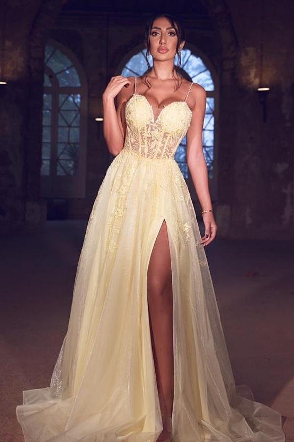 Luluslly Gorgeous Spaghetti-Straps Long Prom Dress Lace Appliques With Slit