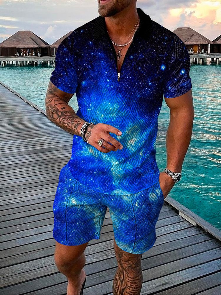 Men's Blue Starry Sky Printed Polo Suit