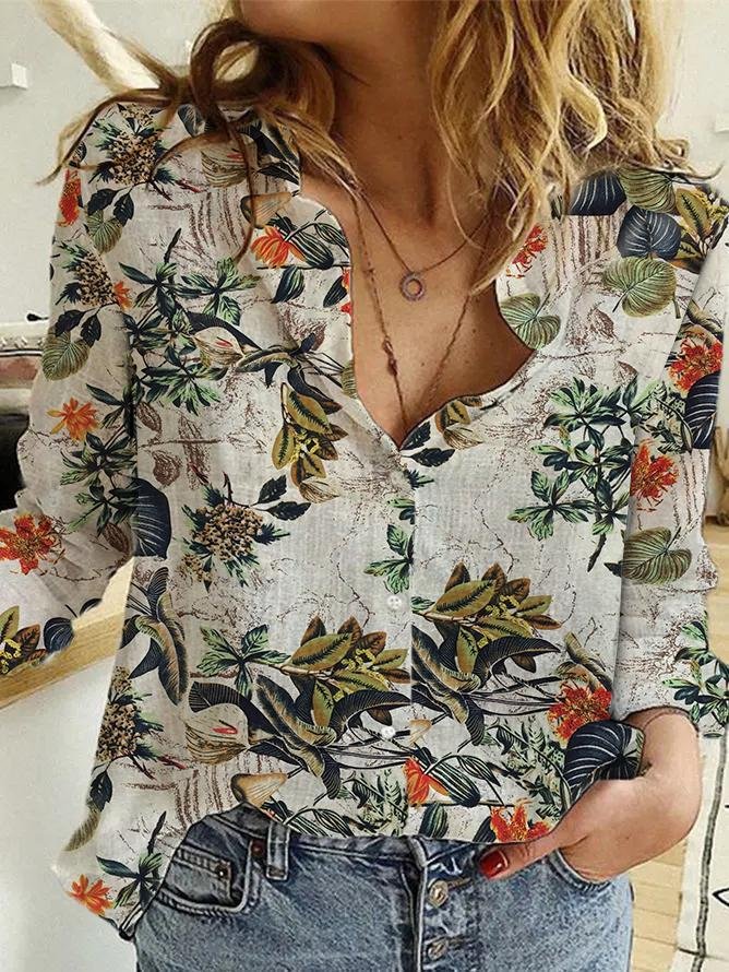 Women's Floral Cotton Linen Casual Blouse-Mayoulove