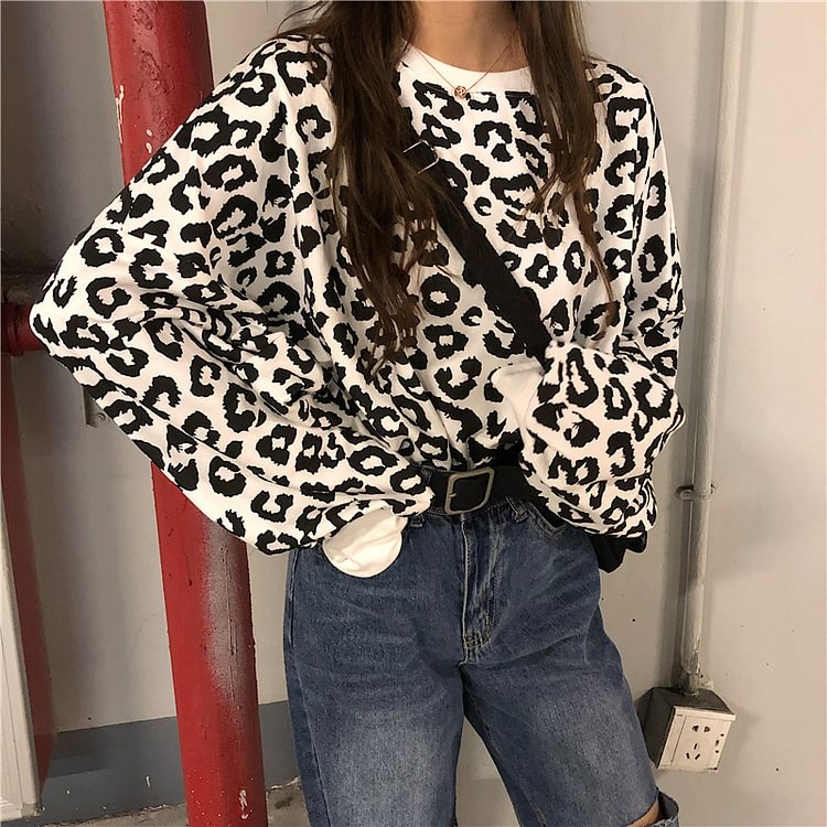 leopard print sweater women loose version all-match casual long-sleeved top