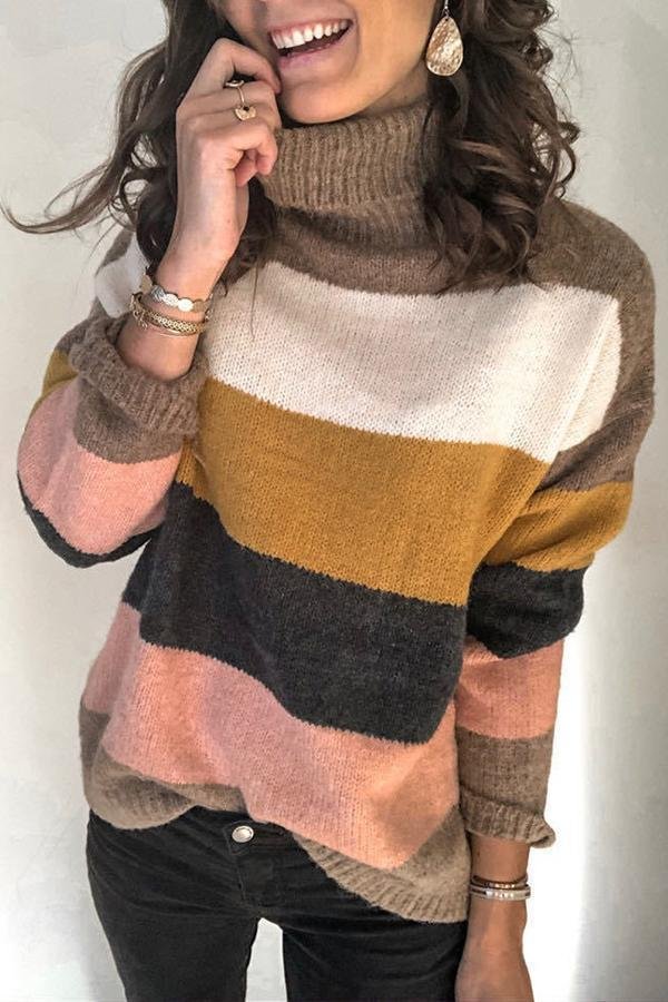 Womens Classic Striped High Neck Sweater-Allyzone-Allyzone