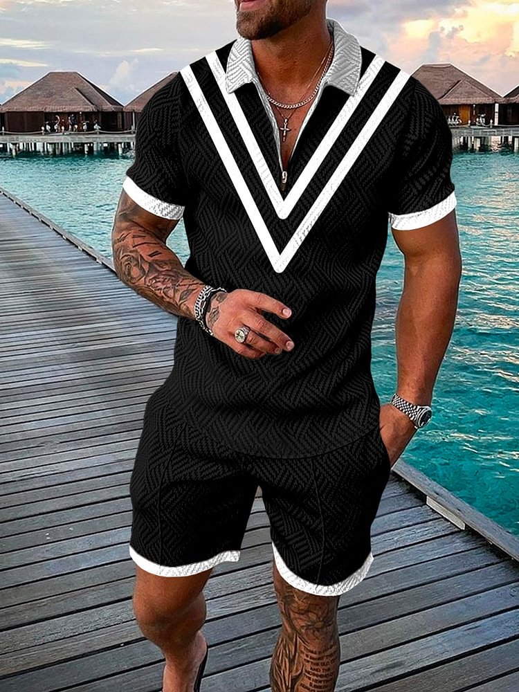 Men's Fashion Striped Printed Black Polo Suit