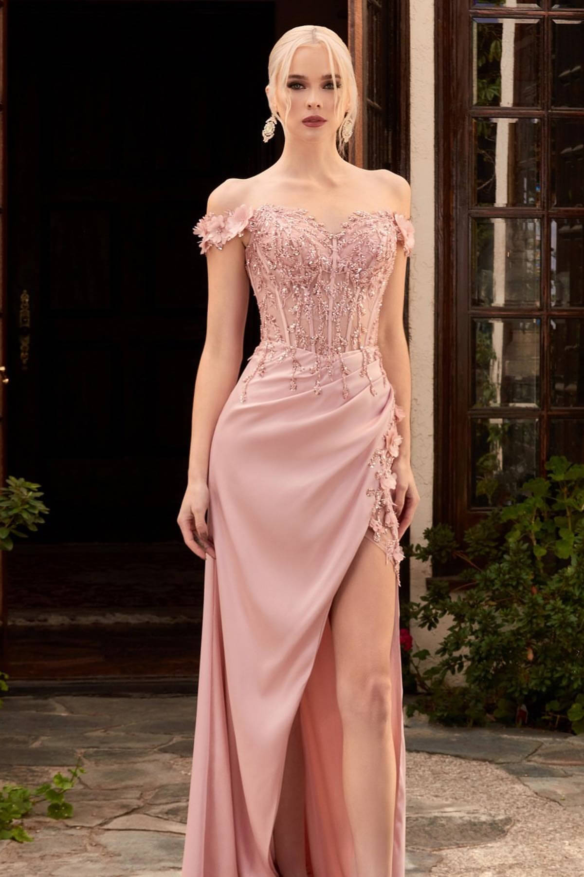 Gorgeous Dusty Pink Prom Dress Slit With Appliques Off The Shoulder 