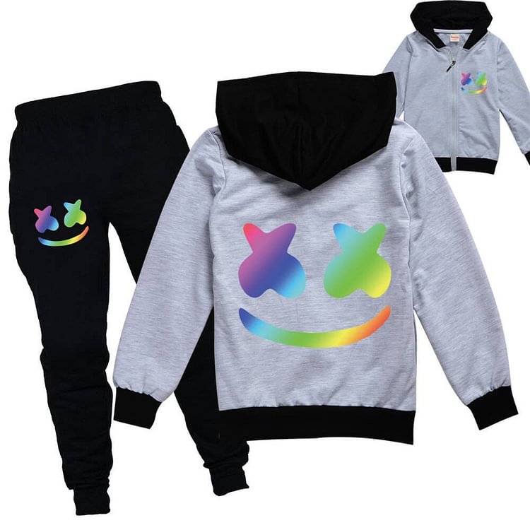 Smile Marshmello Print Girls Boys Cotton Zipup Hoodie And Pants Outfit-Mayoulove