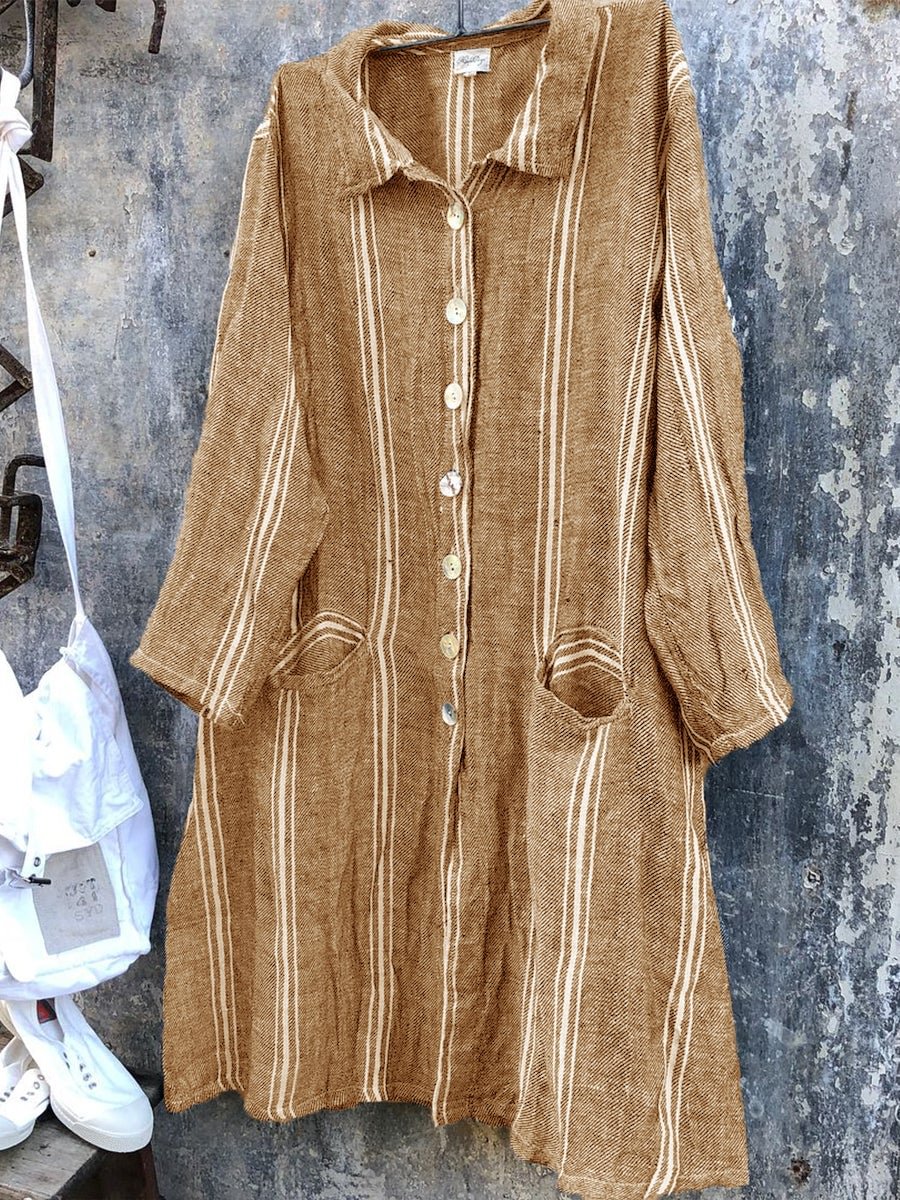 Womens Striped Print Casual Linen Shirt Dress With Pockets