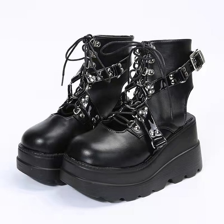 Gothic Metal Buckle Straps Round Toe Lace Up Sandals