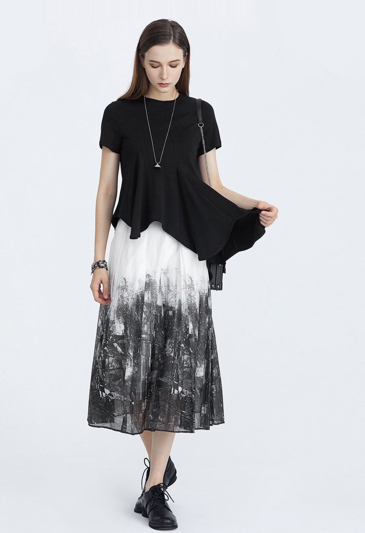 SDEER Casual pleated contrast printed umbrella skirt long skirt
