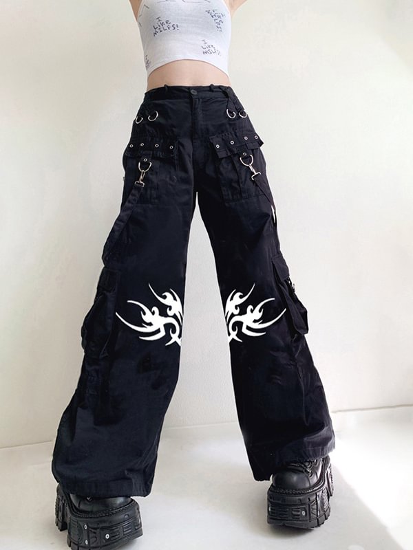 Punk Style Streamers Pockets Metal Rings Industrial Pants Flare