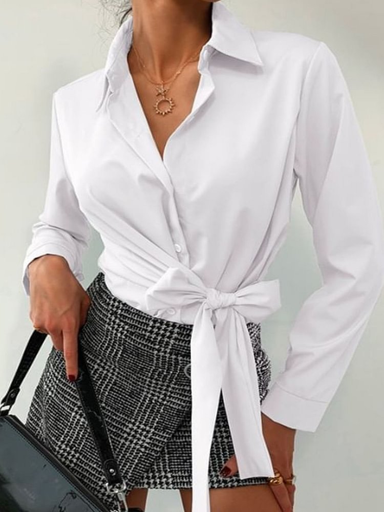 Women's Long Sleeve Well-Fitting Tie Belt Casual Shirt