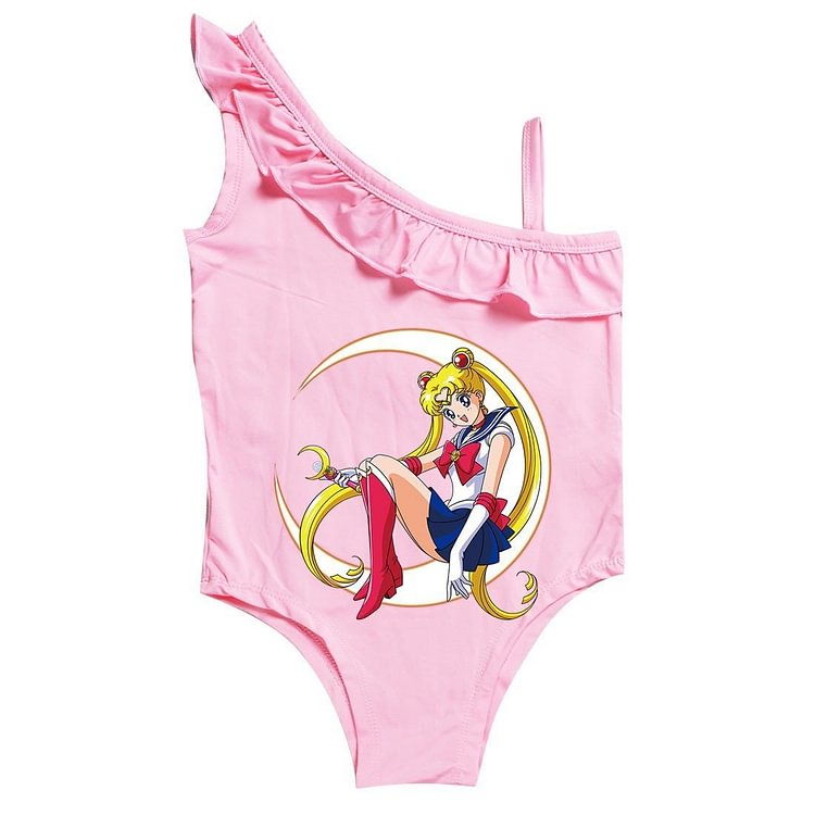 Mayoulove Sailor Moon Print Little Girls One Piece Ruffle Shoulder Swimwear-Mayoulove