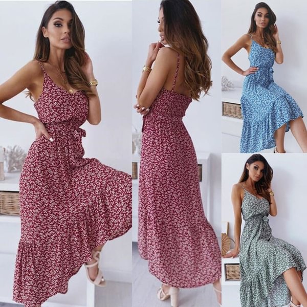 Women Fashion Backless Summer Long Dress Floral Printed Spaghetti Strap Bohemian Maxi Dresses