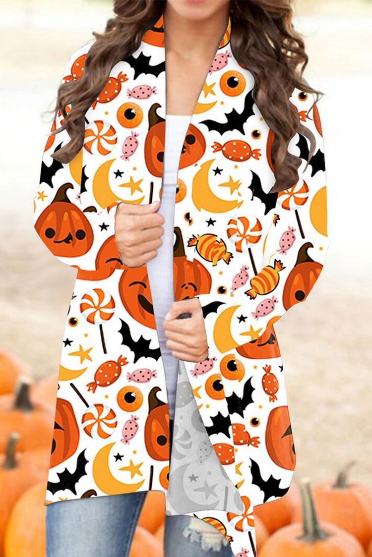 Women's Cardigans Pumpkin Candy Print Open Front Cardigan-Mayoulove