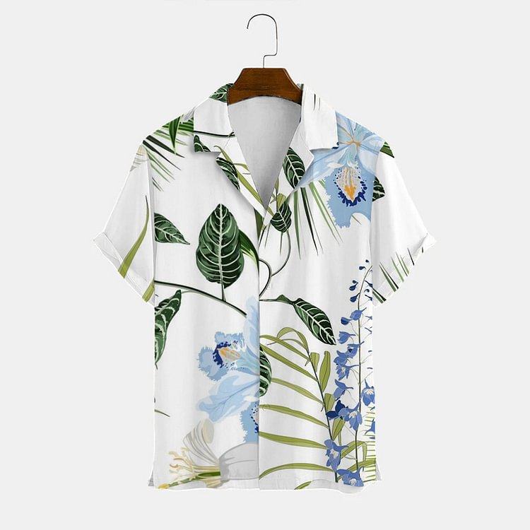BrosWear Fresh Green Plant Print Short-Sleeved Shirt