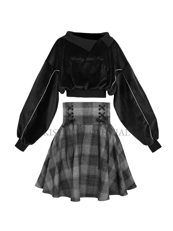 Goth Solid Oblique Collar Loose Hoodie + Checkered High Rise Lace Up Skater Skirt 2-piece Sets