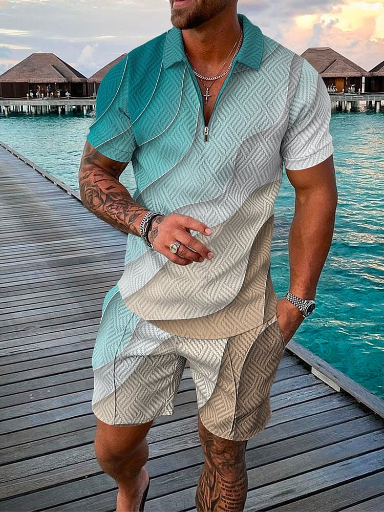 Men's Art Layered 3D Beach Print Polo Suit