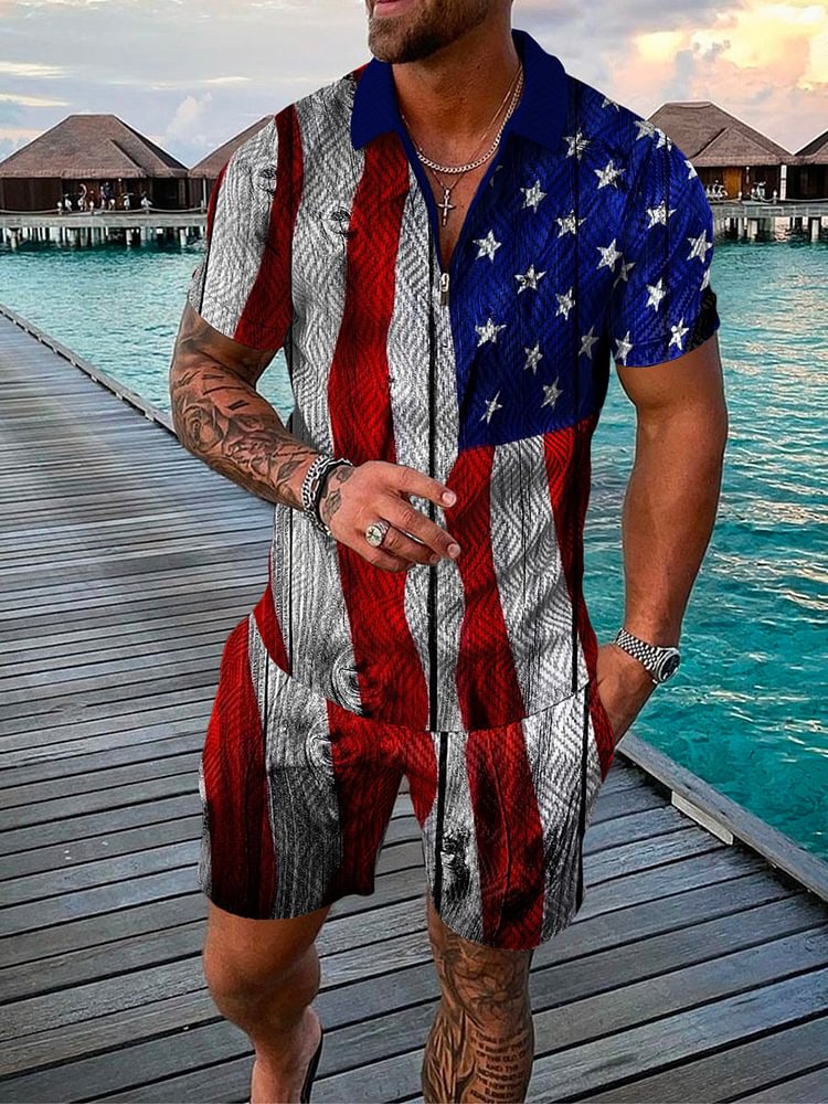 Men's Holiday Print Independence Day Polo Suit