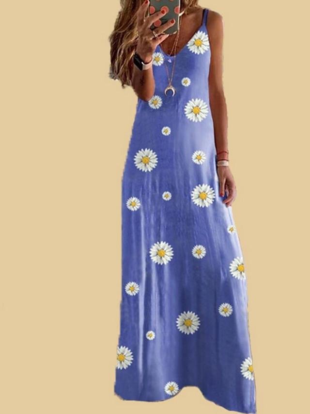 Women's A-Line Dress Maxi long Dress - Sleeveless Floral Summer Casual 2020 Wine Blue Purple Yellow Khaki Gray Light Blue S M L XL XXL XXXL XXXXL XXXXXL-Corachic