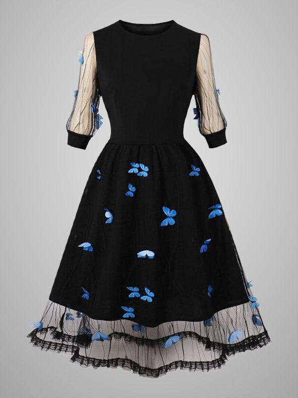 Elegant Vintage Butterfly Decorated Mesh Paneled Half Sleeve Crew Collar Dress