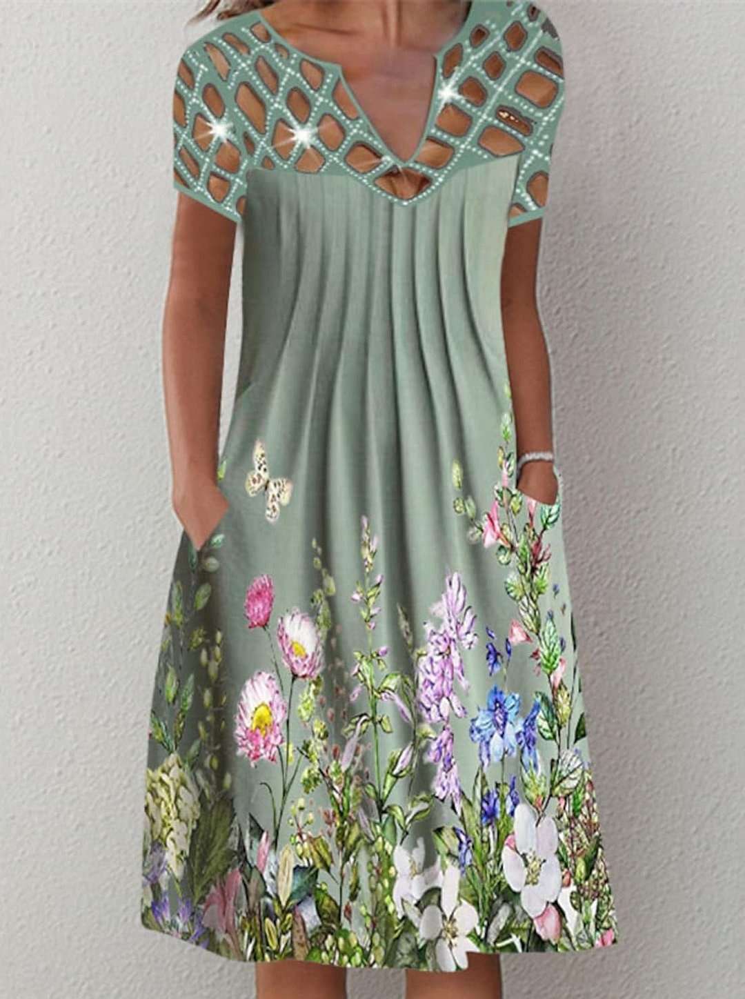 Short Sleeve Floral Pocket Print Summer V-neck Casual Dress