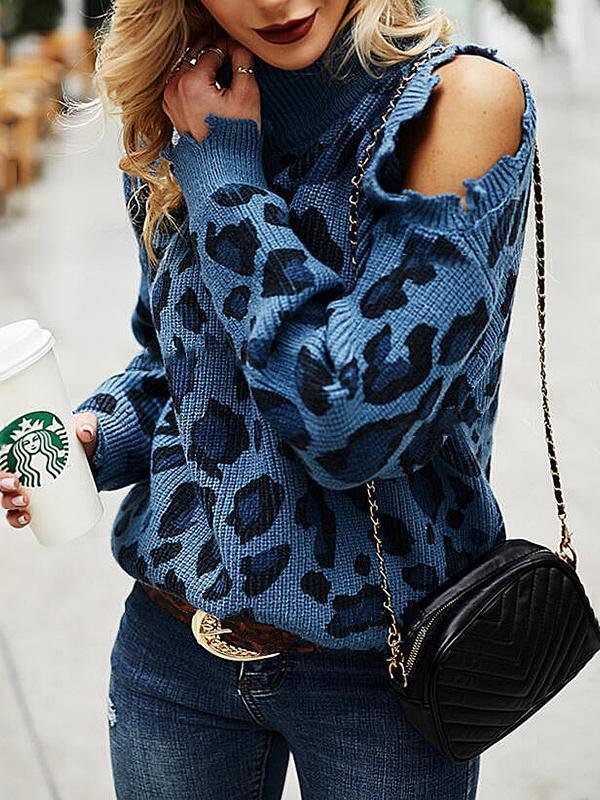 Mayoulove Hollow sleeve blue leopard sweater-Mayoulove