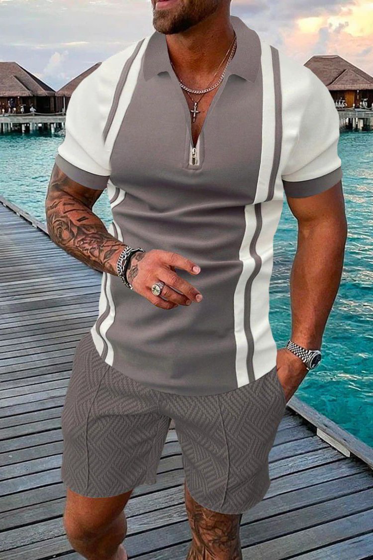 Tiboyz Men's Fashion Outfits Colorblock Casual Short Sleeve Polo Shirt Set