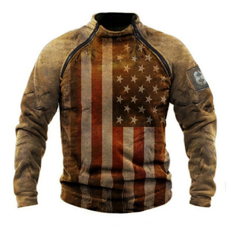 BrosWear Vintage USA Flag Knights Templar Print Outdoor Casual Sports Men's Sweatshirt Brown