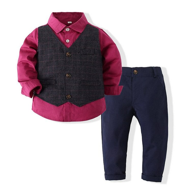 Mayoulove Kid Baby Boy Suit Fashion Vest Stitching Long-Sleeved Sets 2 Pcs-Mayoulove