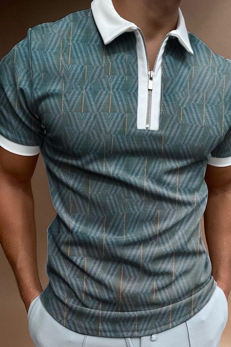Tiboyz Men's Geometric Pattern Casual Zip Up Polo Shirt
