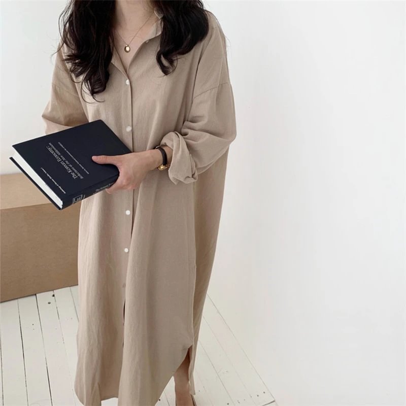 3/4 Sleeve Cotton-Blend Solid Casualdress-Corachic