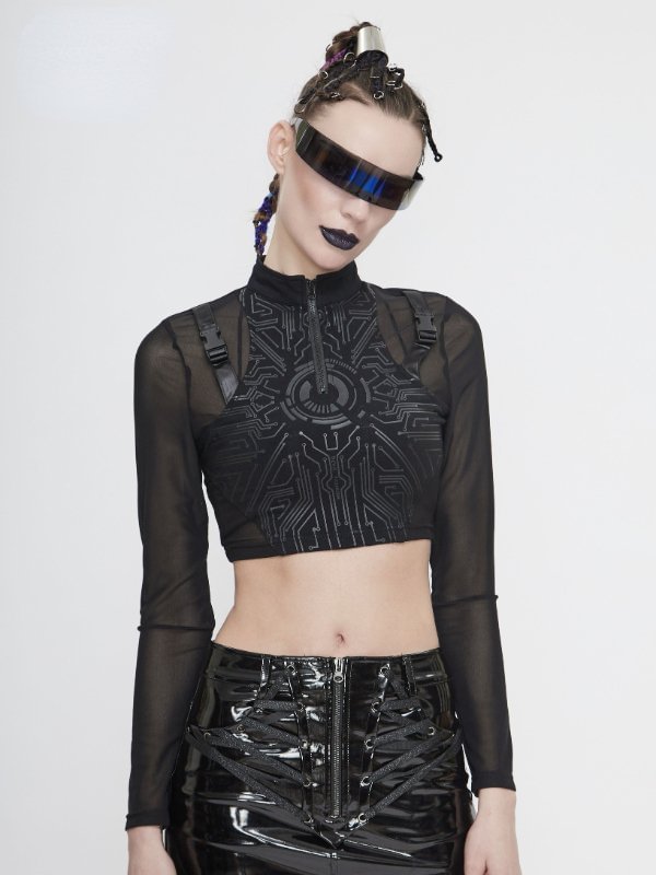 Cyberpunk Print High Neck Long Sleeve Ultra Short T-shirt + Front Zipper Pendants Split PU Shorts 2-piece Sets