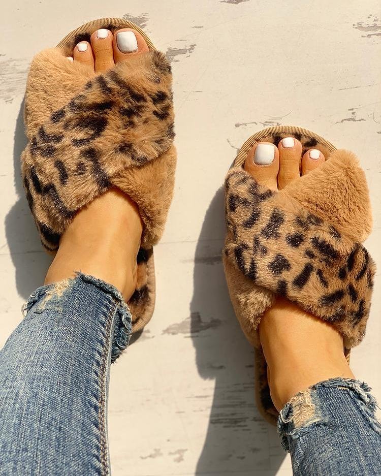 Women's Fluffy Leopard Crisscross Peep Toe Slippers-Allyzone-Allyzone