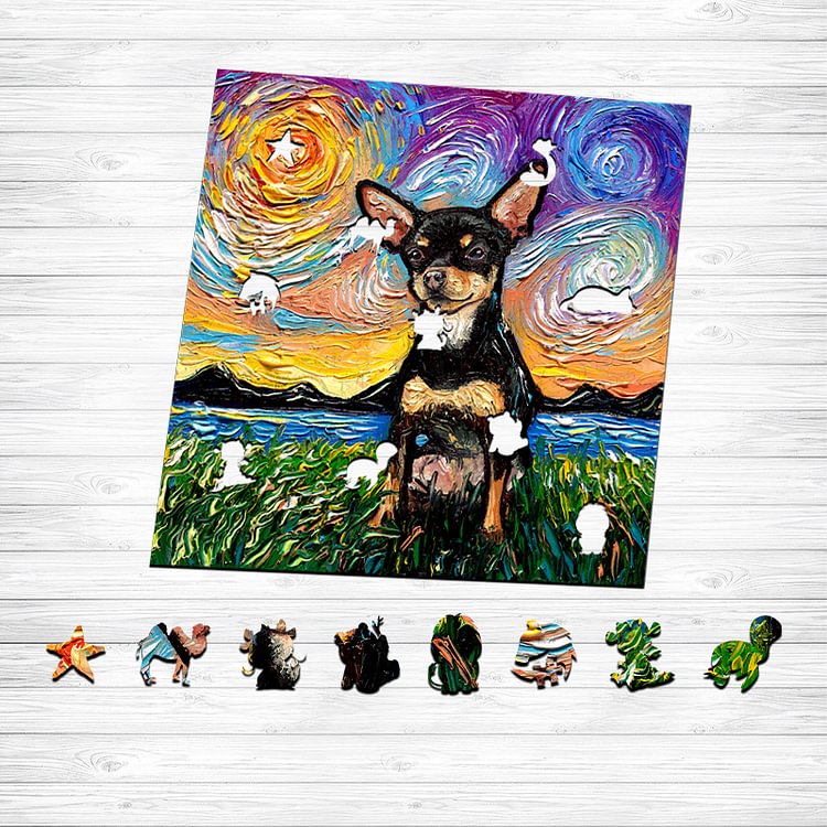 Van Gogh Starry Sky - Black Chihuahua Wooden Puzzle