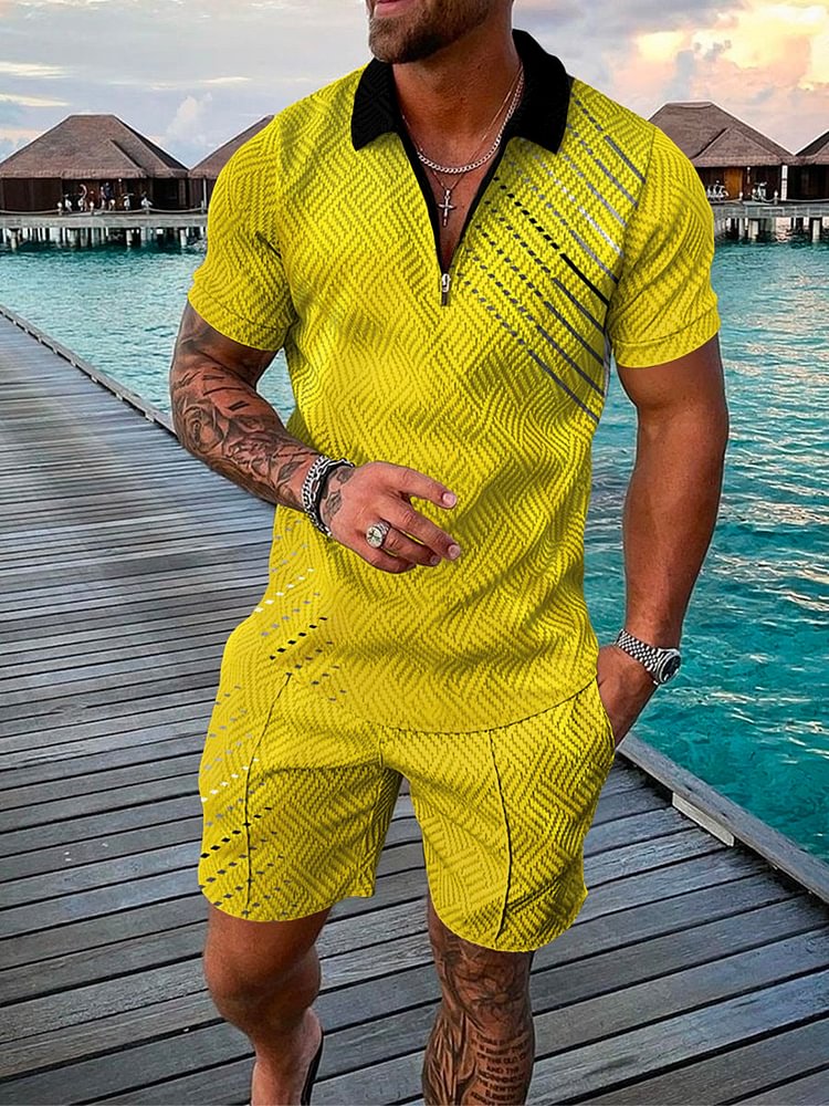 Men's Island Fashion Yellow Printings Polo Suit