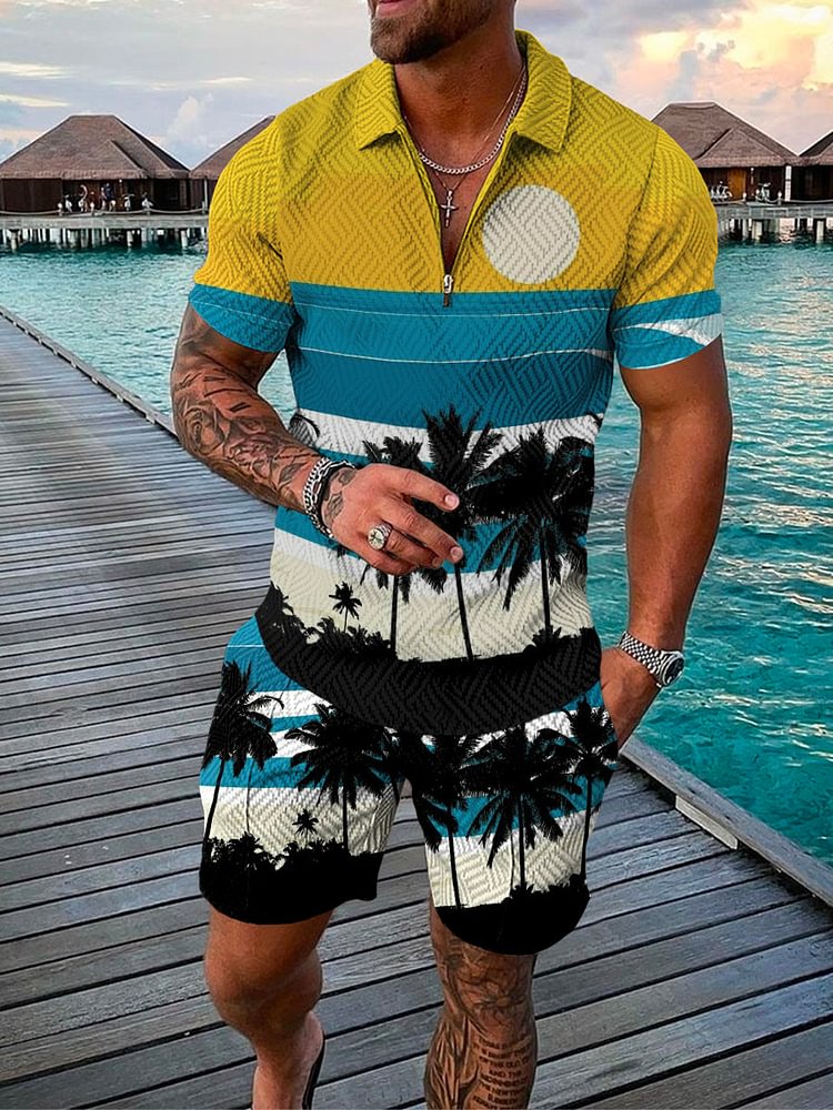 Men's Beach Coconut Print Polo Suit