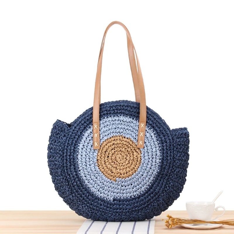 Round striped hand-woven straw tote bag