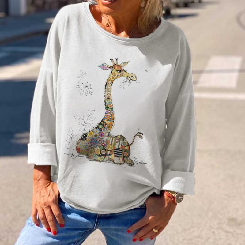 Giraffe Printed Women's Long-Sleeved Casual T-shirt