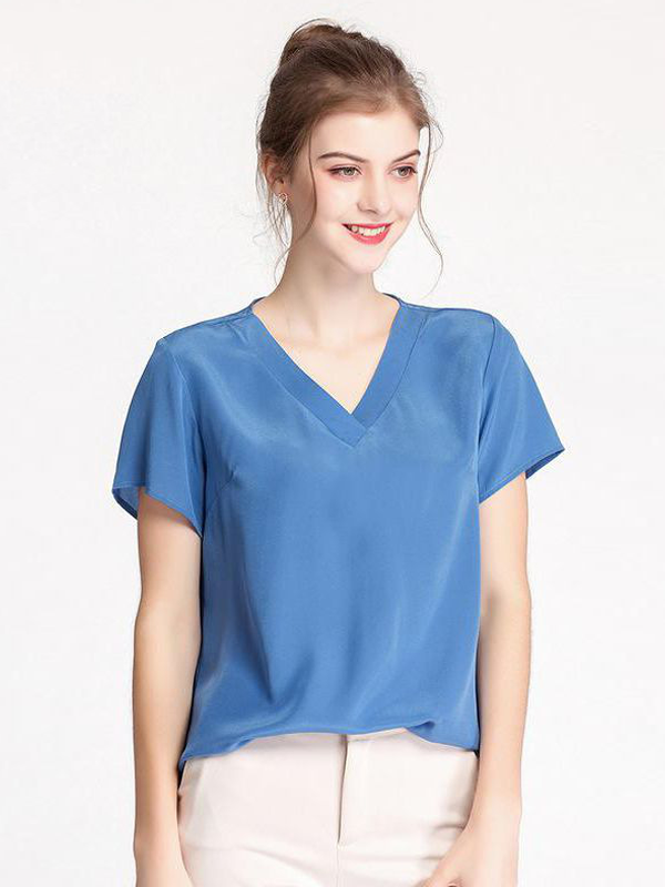 Blue Silk T-shirt Women's V-neck Top