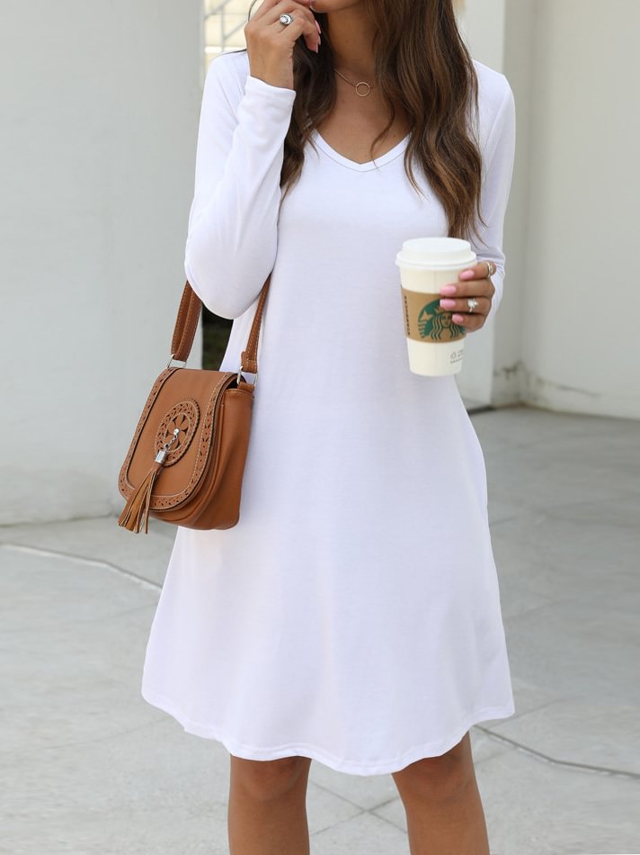 Solid color V-neck pocket long-sleeved dress casual mid skirt