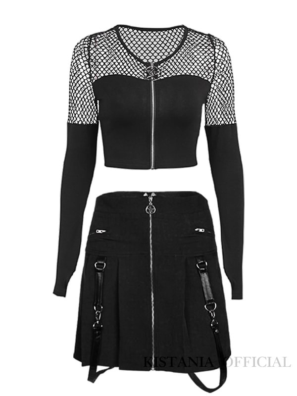 Long Sleeve Tulle Gothic Crop Top+Goth Zipper High Waist A-line Skirts