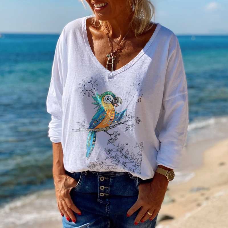 Women's White Classic The Singing Bird On The Branch Printed T-shirt