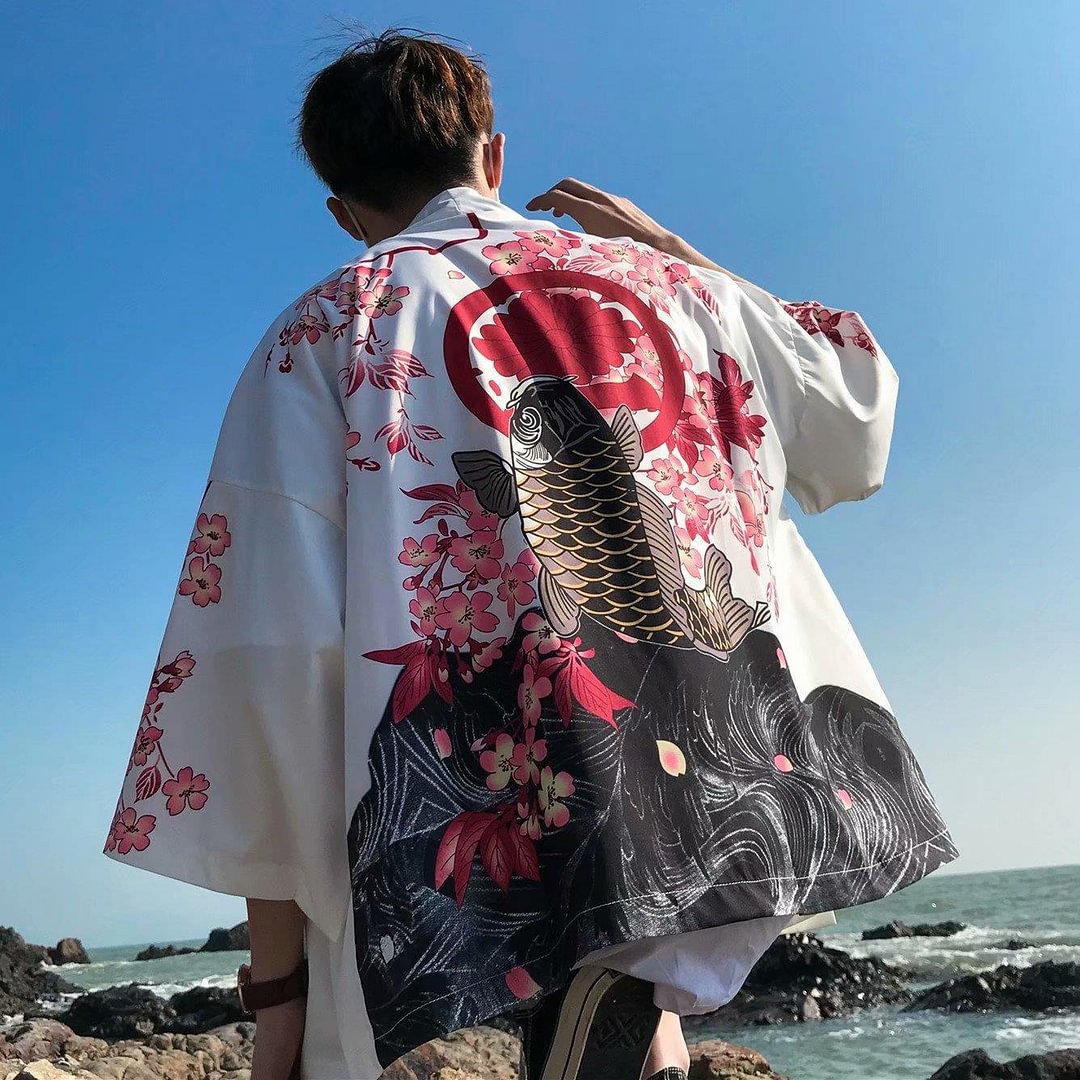 Men's jacket Japanese Style printing regular five-sleeve robe sun protection shirt / Techwear Club / Techwear