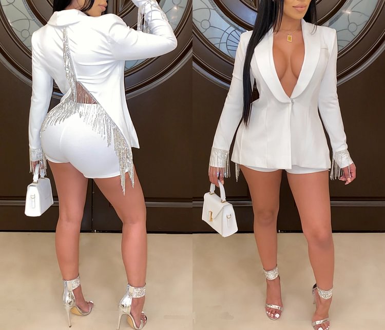 Women's 2 Piece Outfits For Women Long Sleeve Solid Color Fringe Blazer With Shorts Back Slit Casual Elegant Business Suit Sets