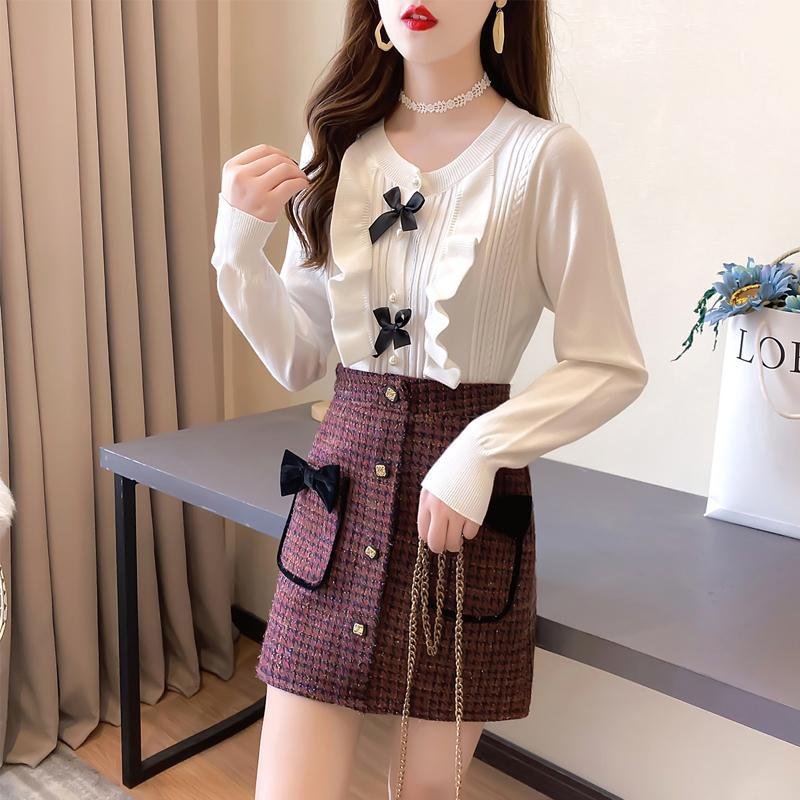 Sweet Bow-knot Sweater+Plaid Skirt P15737