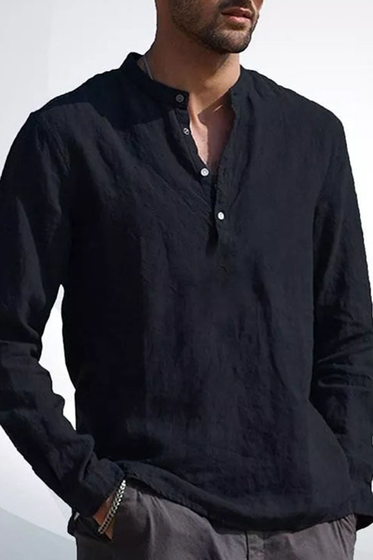Tiboyz Solid V-Neck Buttoned Long Sleeve Shirt