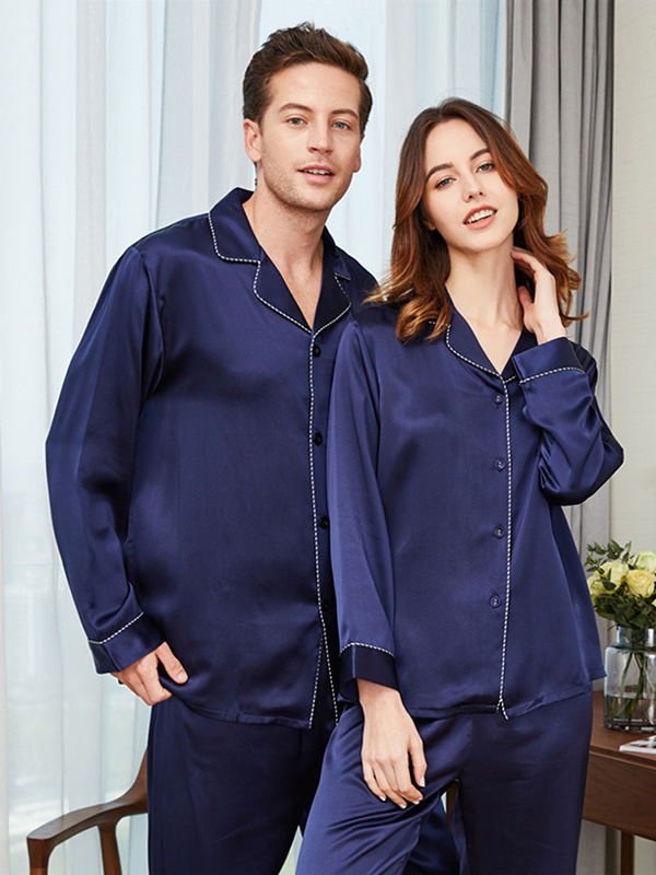 22 Momme Blue Classic Couple's Silk Pajamas