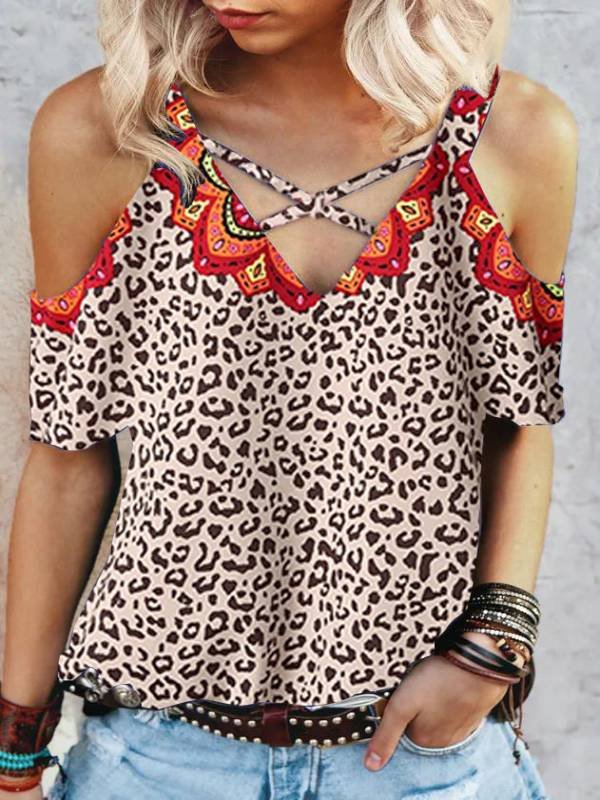 Women's Ethnic Stitching Leopard Print Off-shoulder T-shirt Top