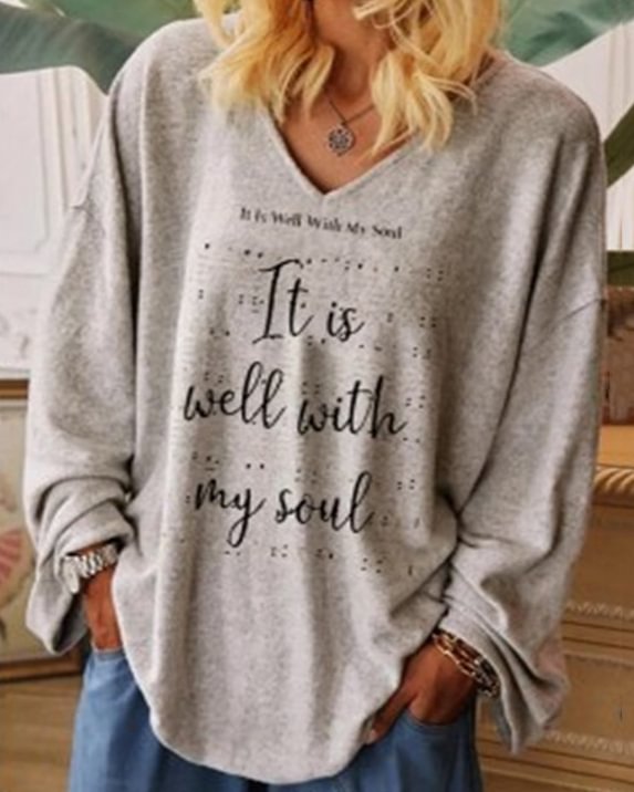 New Letter Print Pullover Long Sleeve Top