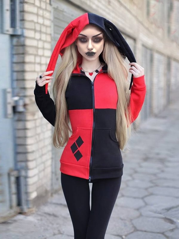 Dark Goth Clown Cosplay Color Block Long Sleeve Hooded Zip Up Jacket