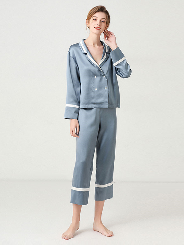 Pyjama en soie double boutonnage bleu chic Bleu ciel 1
